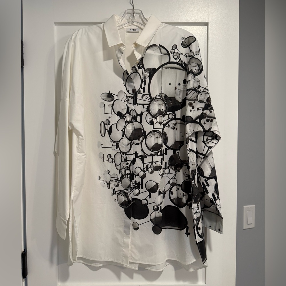 Akris Punto White and Black Graphic Cotton Button-Up Shirt, Size 14 - Picture 2 of 9